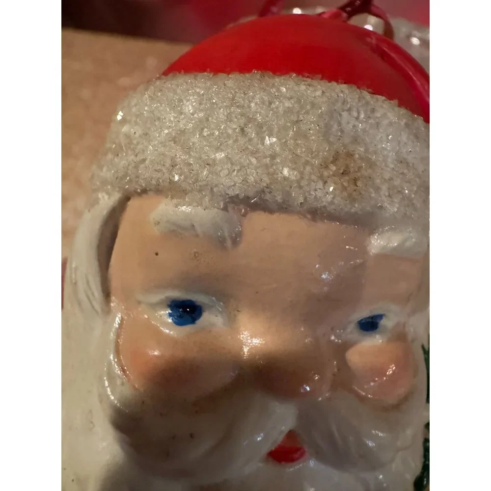 Vintage‎ 1980 Santa Head Ornament – Glitter Trim, Hand-Painted Details 🎅✨